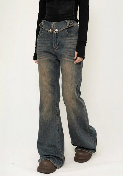 Grunge dull wash processing flared silhouette classic denim pants