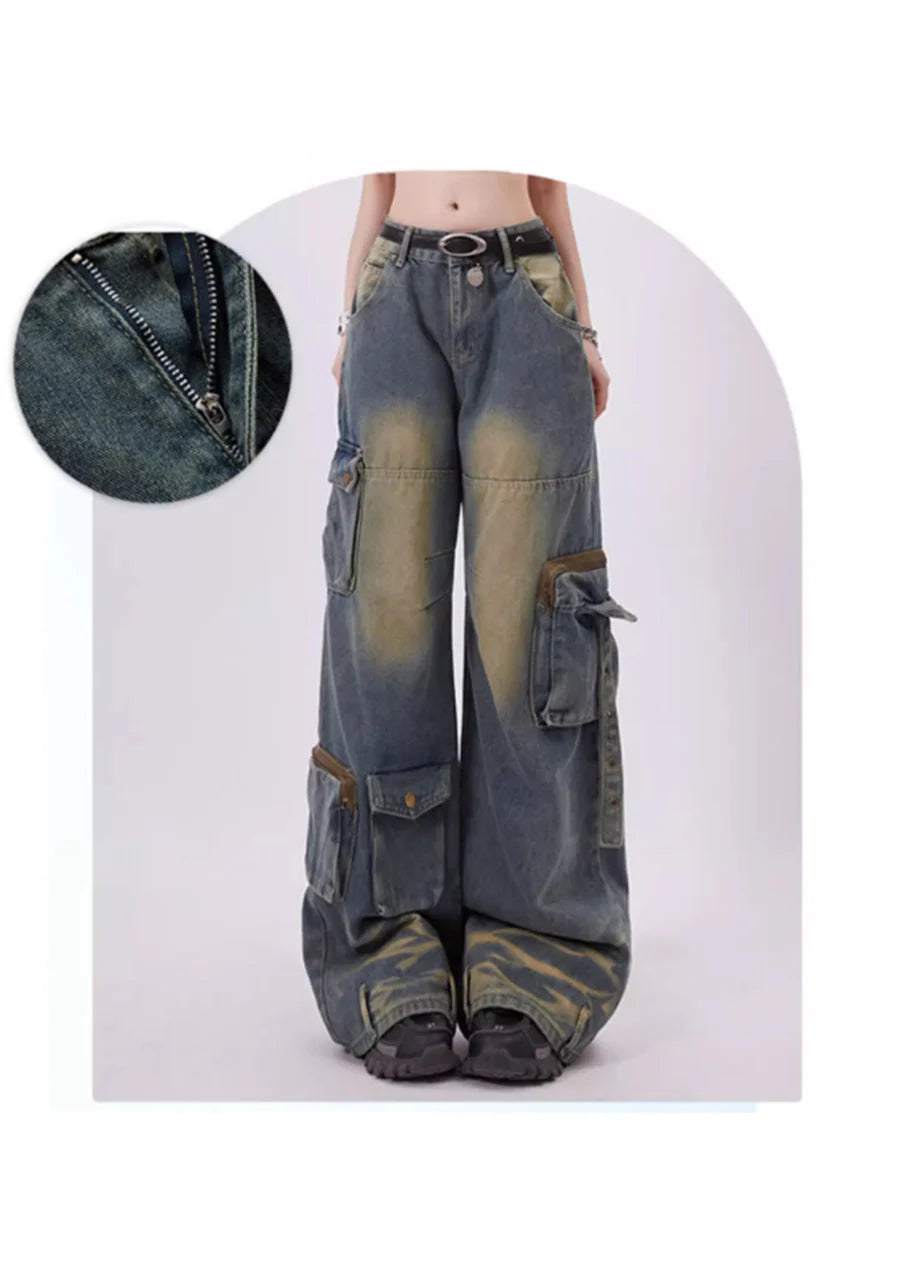 Loose silhouette dull wash design denim cargo pants RH0104