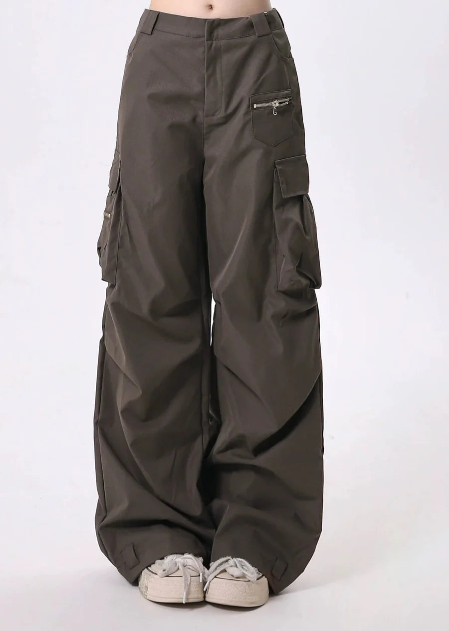 Tuck plus cargo design simple color wide pants RH0129