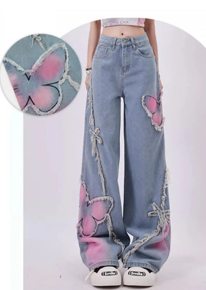 Color butterfly design attachment balance denim pants RH0108