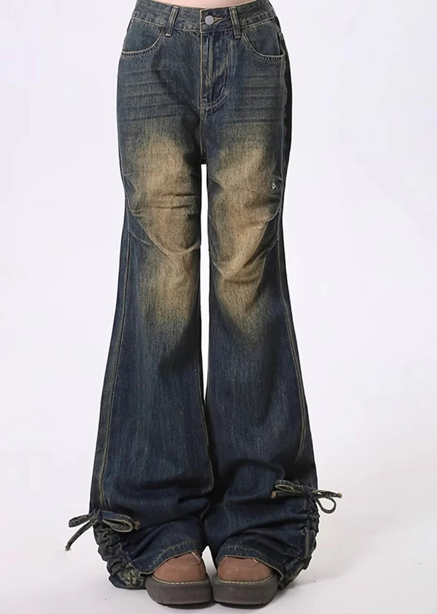 Waist check design mid-wash flared silhouette denim pants RH0124