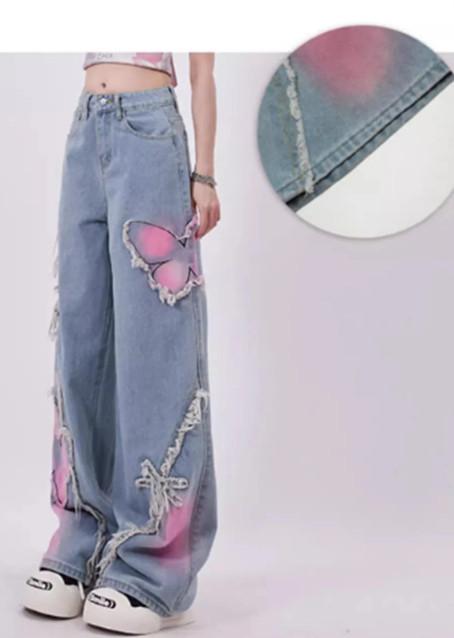 Color butterfly design attachment balance denim pants RH0108