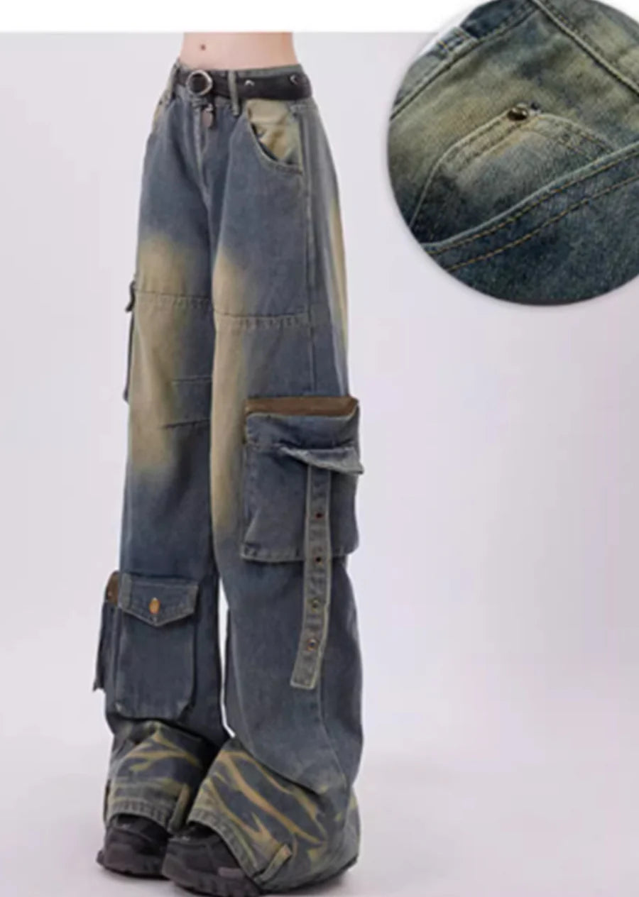 Loose silhouette dull wash design denim cargo pants RH0104