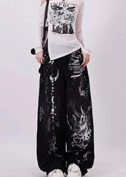 Graffiti style monotone color grunge wide denim pants RH0119