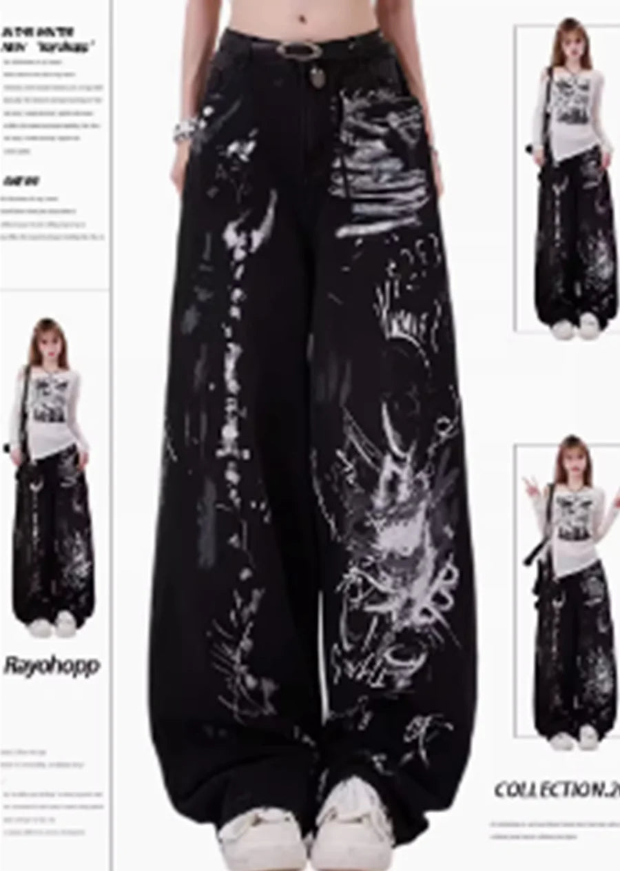 Graffiti style monotone color grunge wide denim pants RH0119