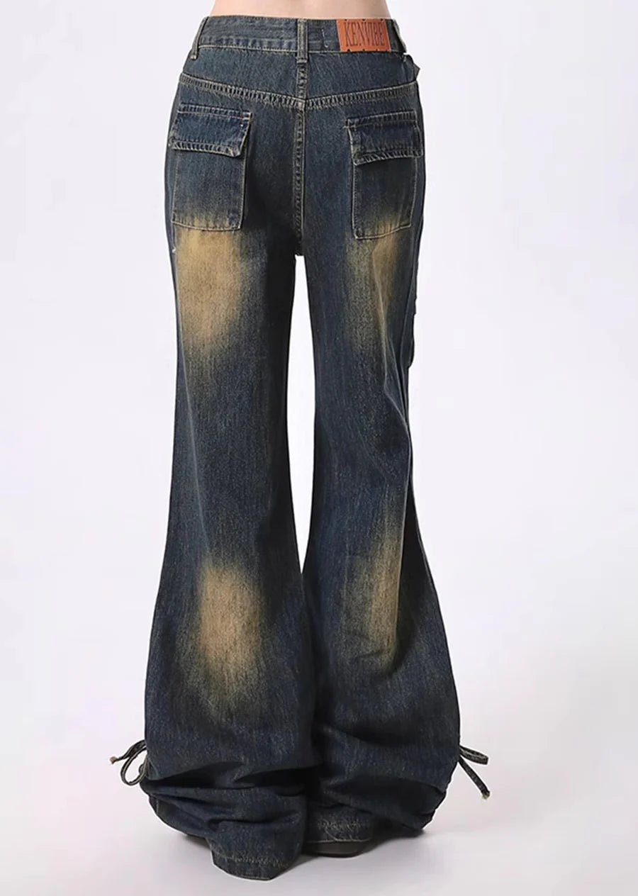 Waist check design mid-wash flared silhouette denim pants RH0124