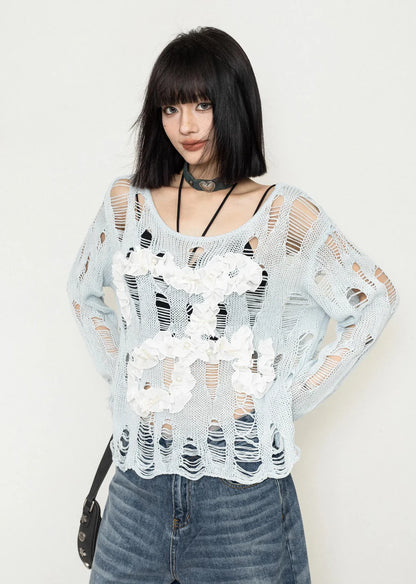 Mesh Skeleton Mid-length Distressed Knit Sweater