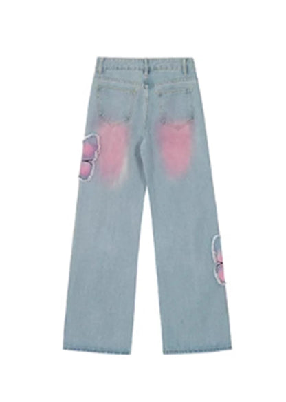 Color butterfly design attachment balance denim pants RH0108