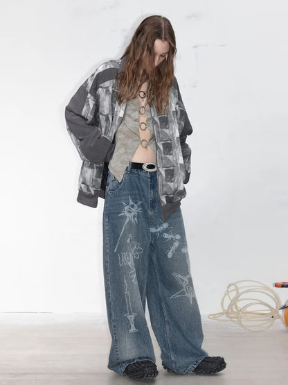 Graffiti Wide Straight Denim Pants