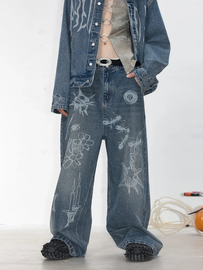 Graffiti Wide Straight Denim Pants