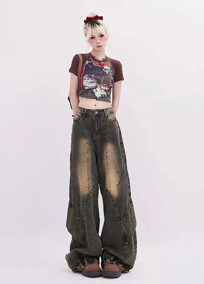 Vintage wash design grunge style denim pants RH0081