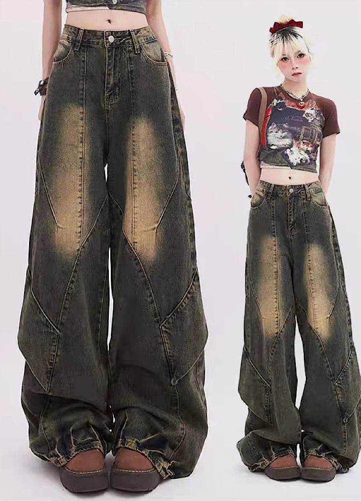 Vintage wash design grunge style denim pants RH0081