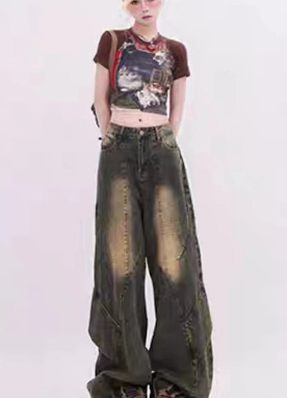 Vintage wash design grunge style denim pants RH0081