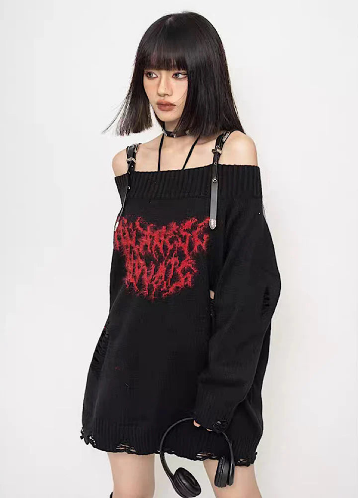 Subculture initial frame design off shoulder knit sweater