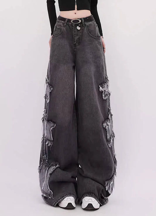 Side three damage star line wide denim pants RH0098