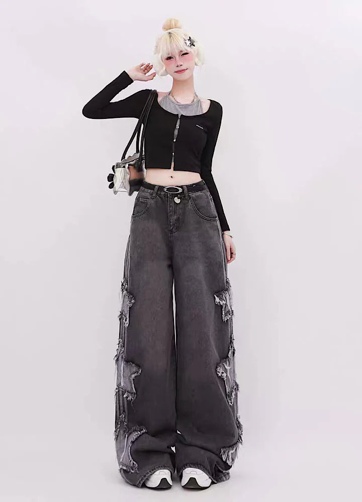 Side three damage star line wide denim pants RH0098