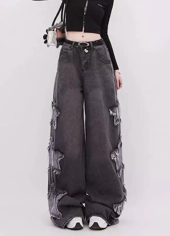 Side three damage star line wide denim pants RH0098