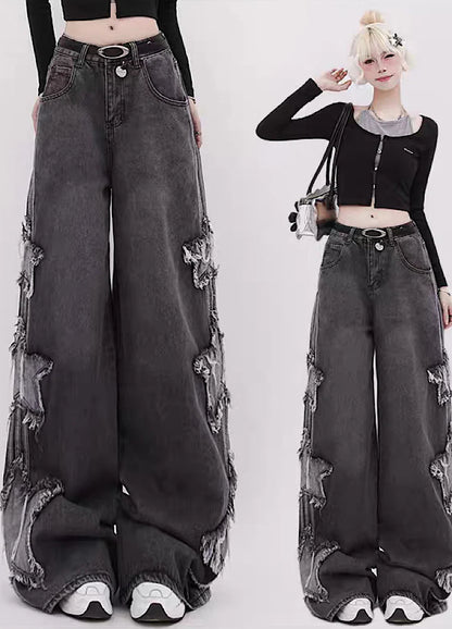 Side three damage star line wide denim pants RH0098