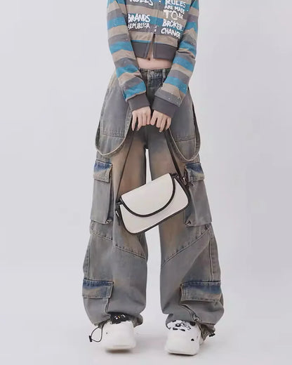 Mud-like graywashed suspender design denim RH0043