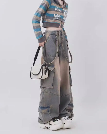 Mud-like graywashed suspender design denim RH0043