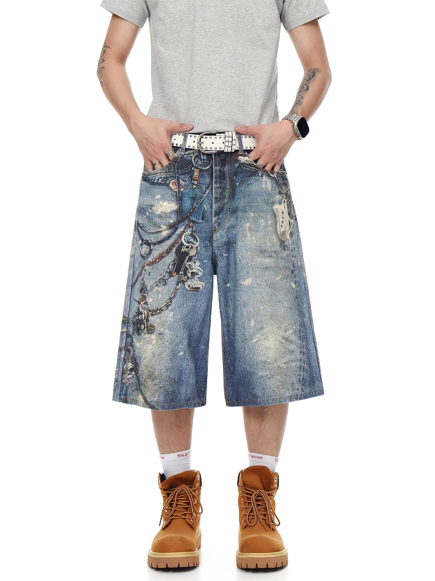 3D GRAFFITI CHAIN INK DENIM SHORTS