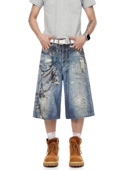 3D GRAFFITI CHAIN INK DENIM SHORTS