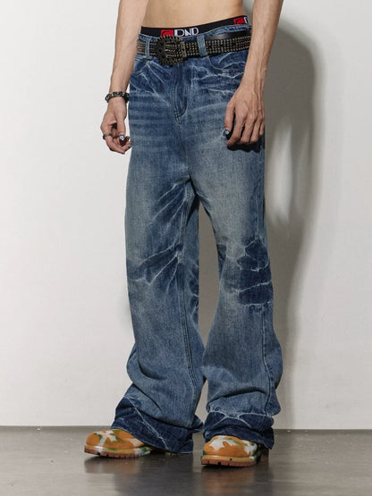 Lightning Pattern Aged Denim Pants