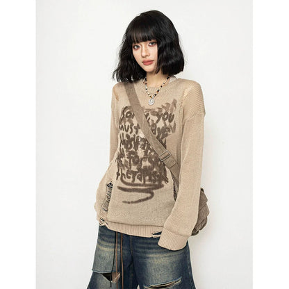 See-through design front initial tight long sleeve T-shirt