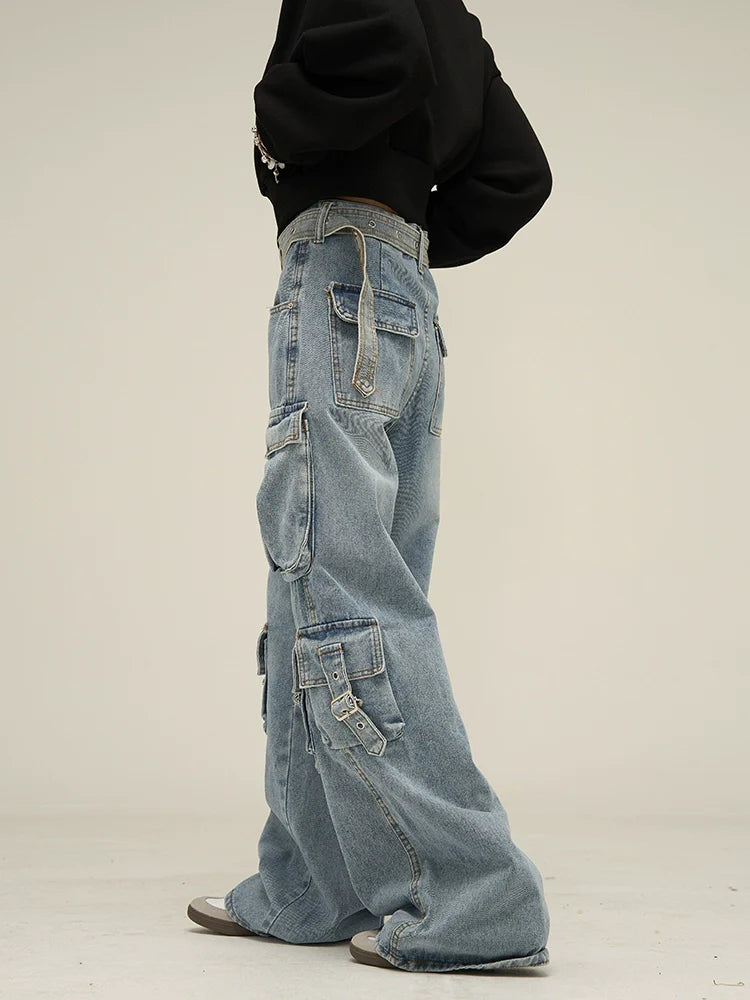 Multi Pocket Belt Work Denim Pants