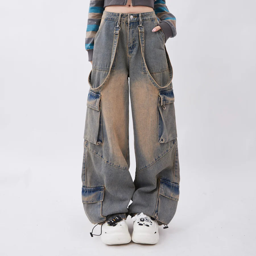 Mud-like graywashed suspender design denim RH0043