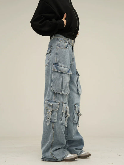 Multi Pocket Belt Work Denim Pants