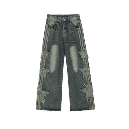 Side three damage star line wide denim pants RH0098