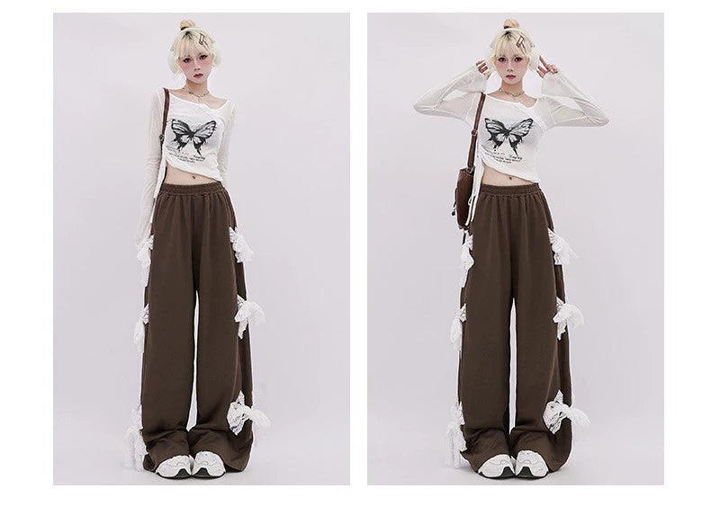 Side ribbon design sweat pants