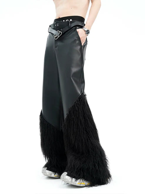 Black Fur Spliced Leather Pants