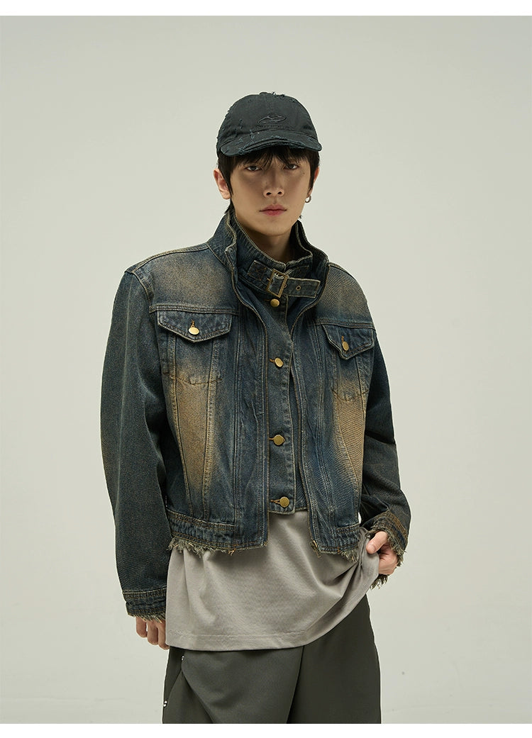 Cropped design washed denim jacket