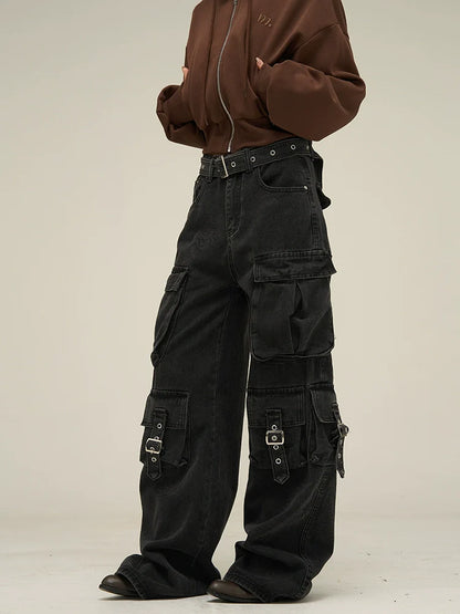 Multi Pocket Belt Work Denim Pants