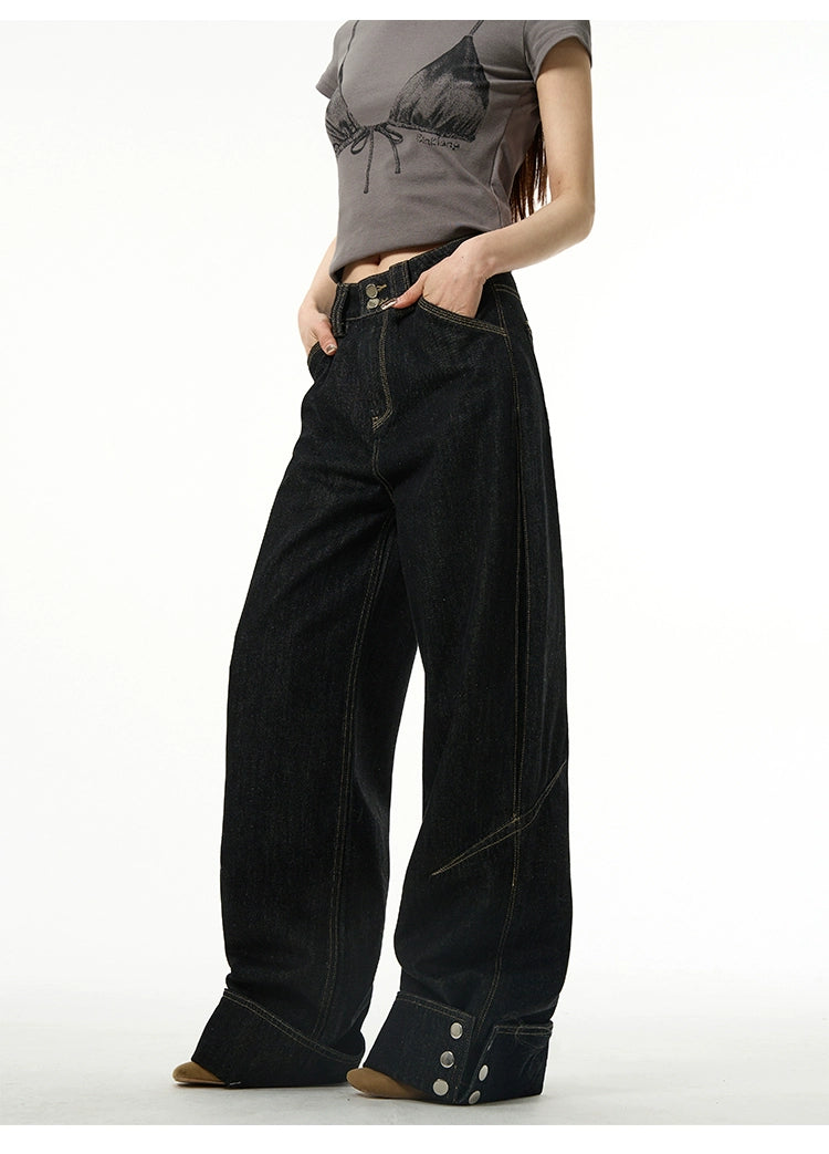 Dark black button design denim jeans