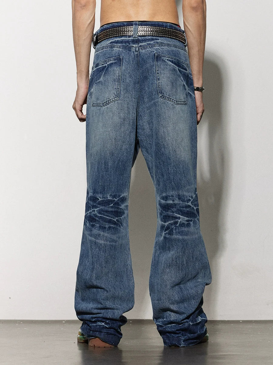 Lightning Pattern Aged Denim Pants