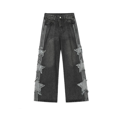 Side three damage star line wide denim pants RH0098