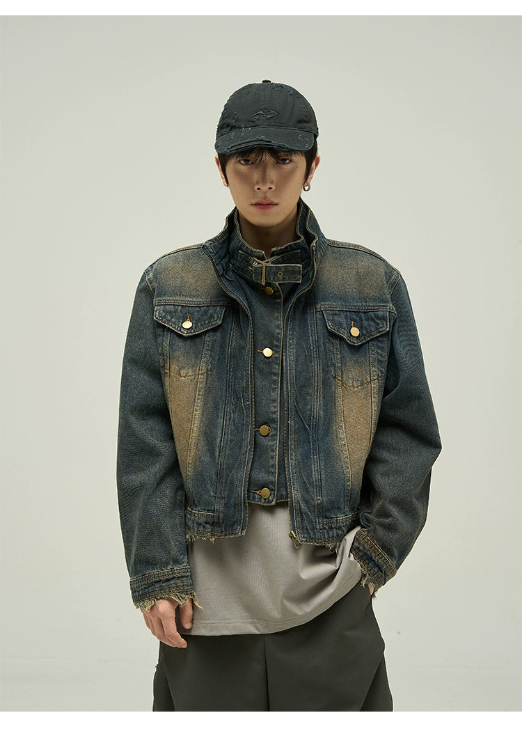 Cropped design washed denim jacket