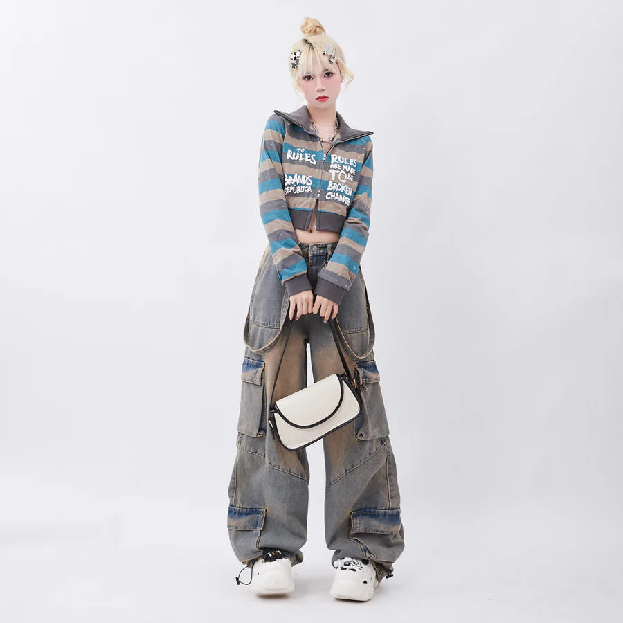 Mud-like graywashed suspender design denim RH0043