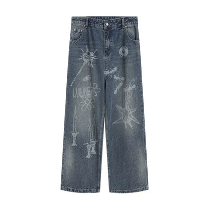 Graffiti Wide Straight Denim Pants