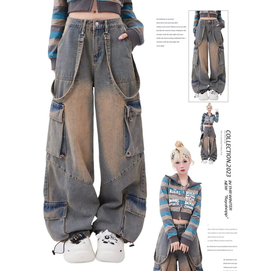 Mud-like graywashed suspender design denim RH0043