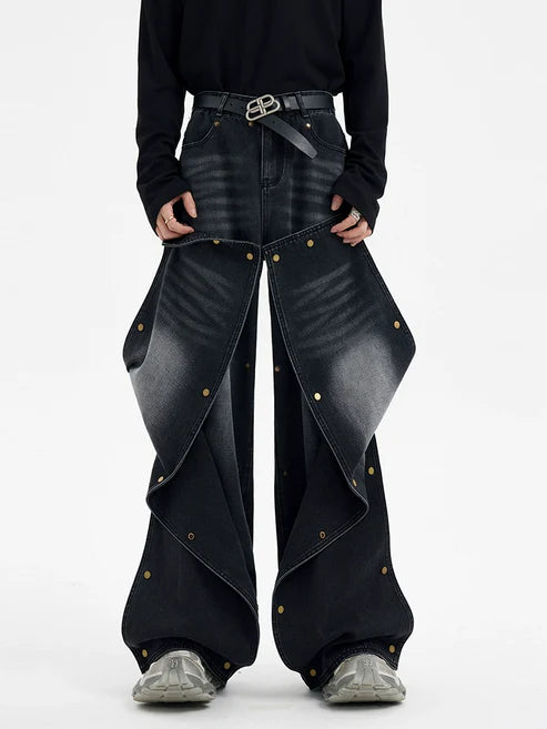 Patchwork Metal Button Denim Pants