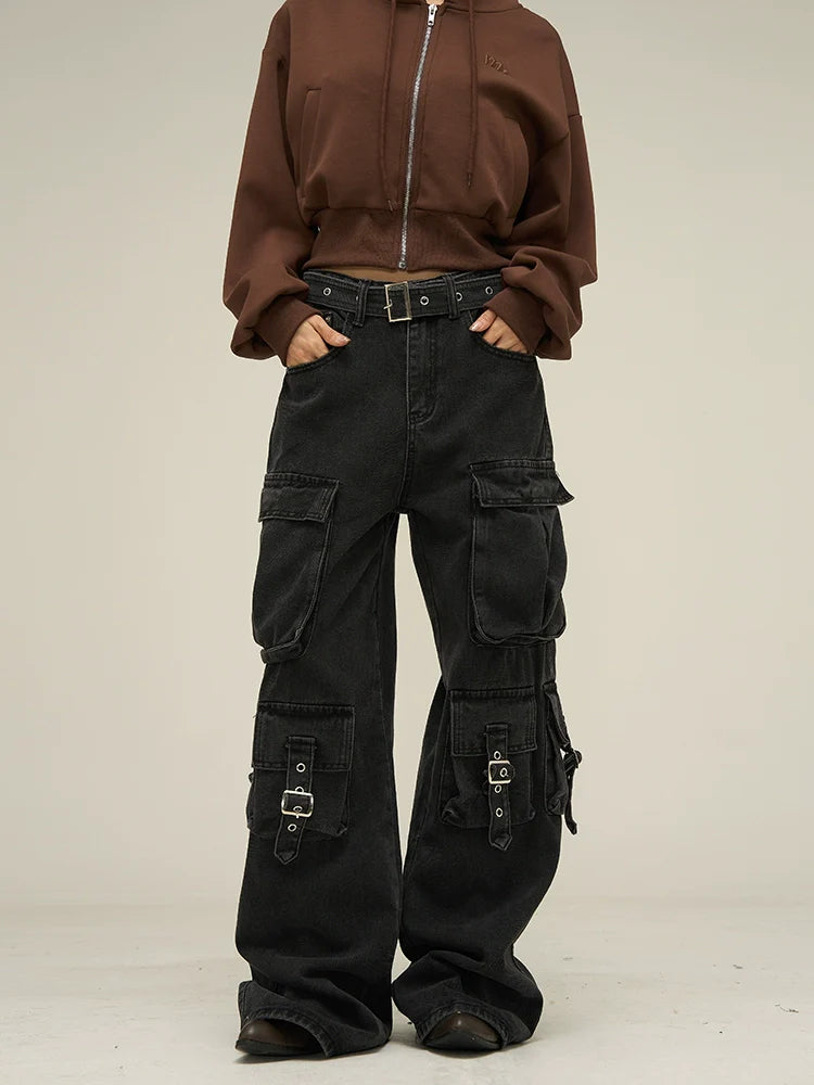 Multi Pocket Belt Work Denim Pants