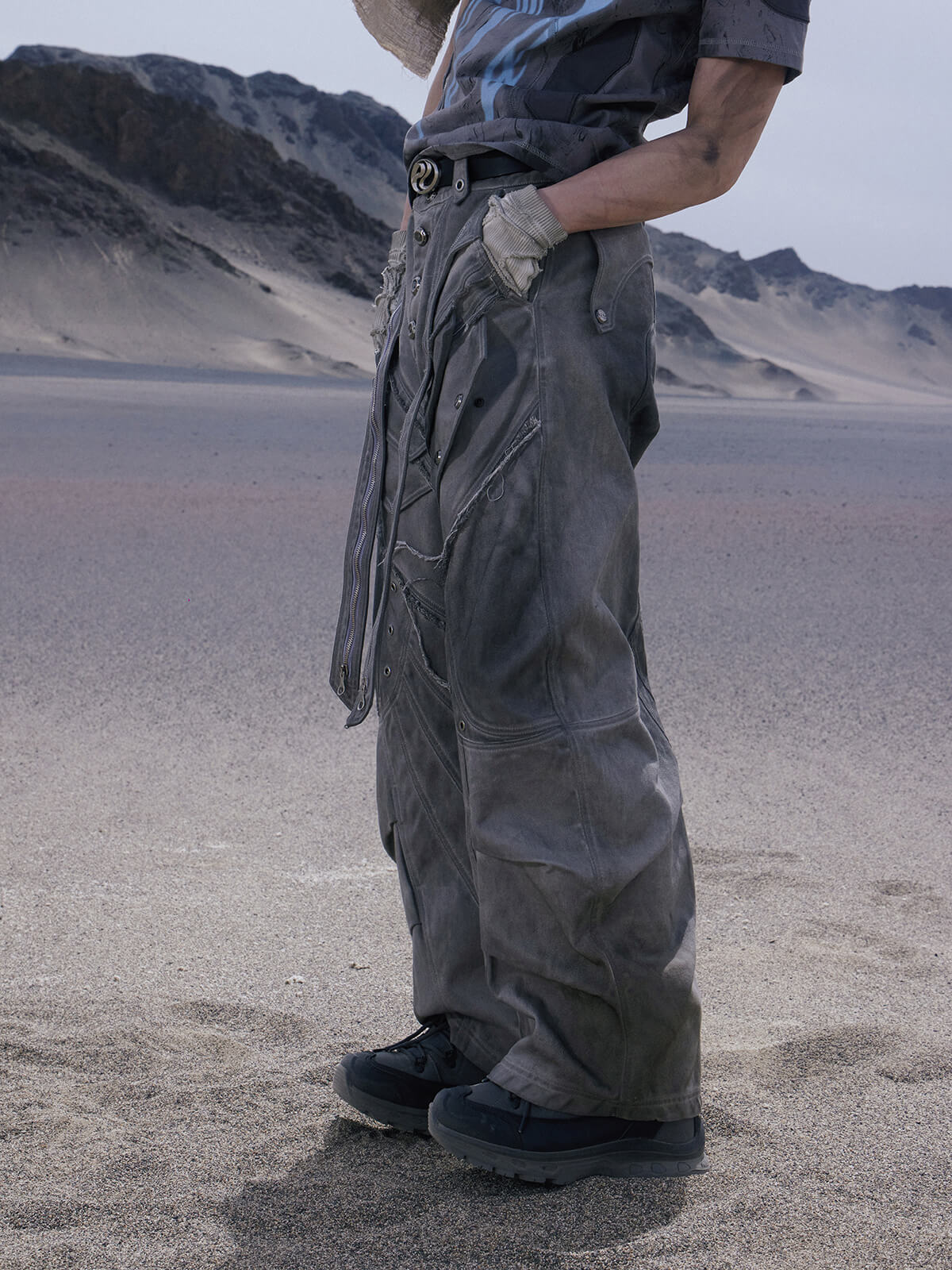 Split Deconstructed Gray Cargo Pants