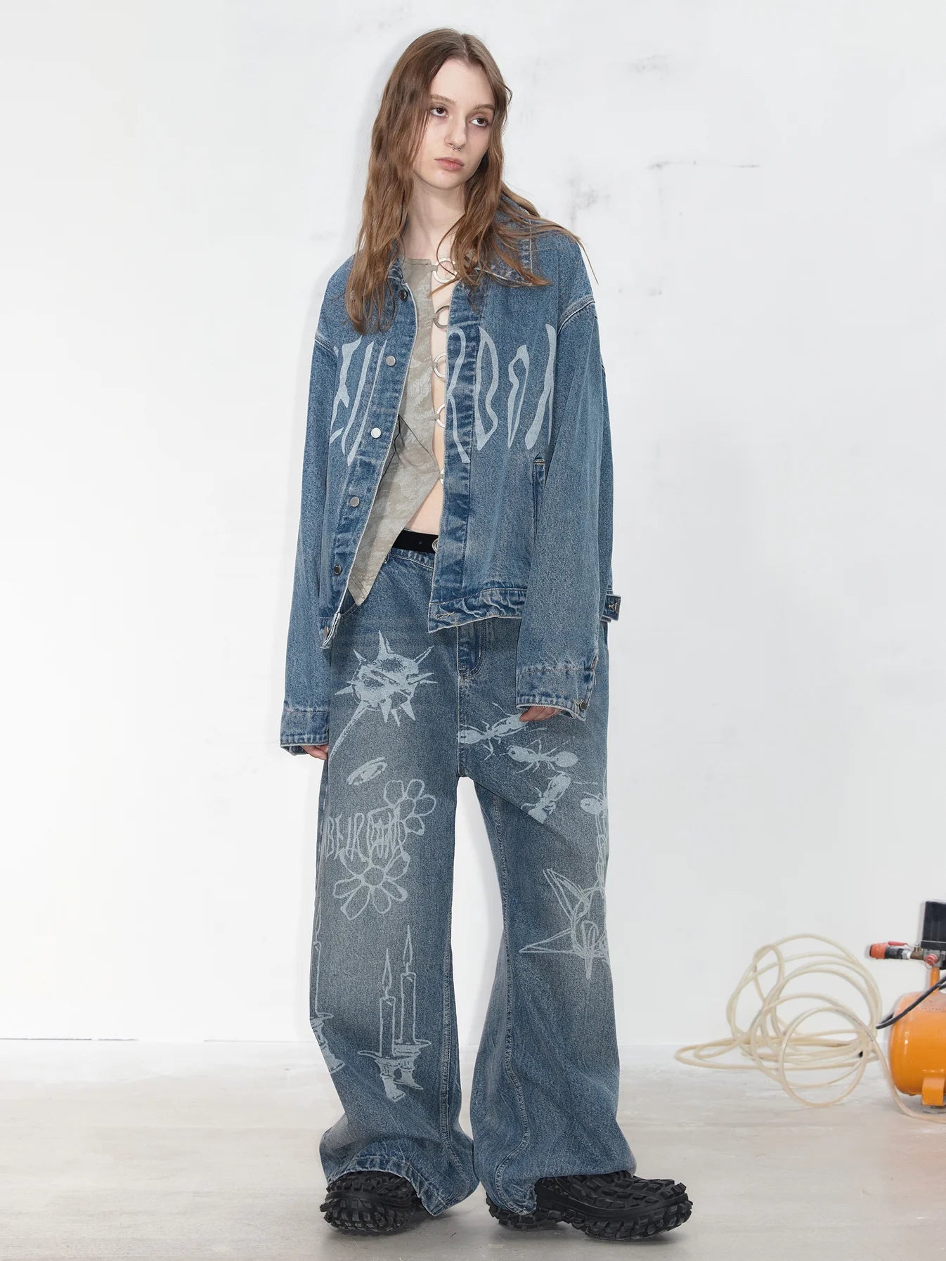 Graffiti Wide Straight Denim Pants