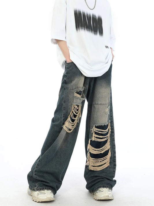 Fake hole damage wide denim pants