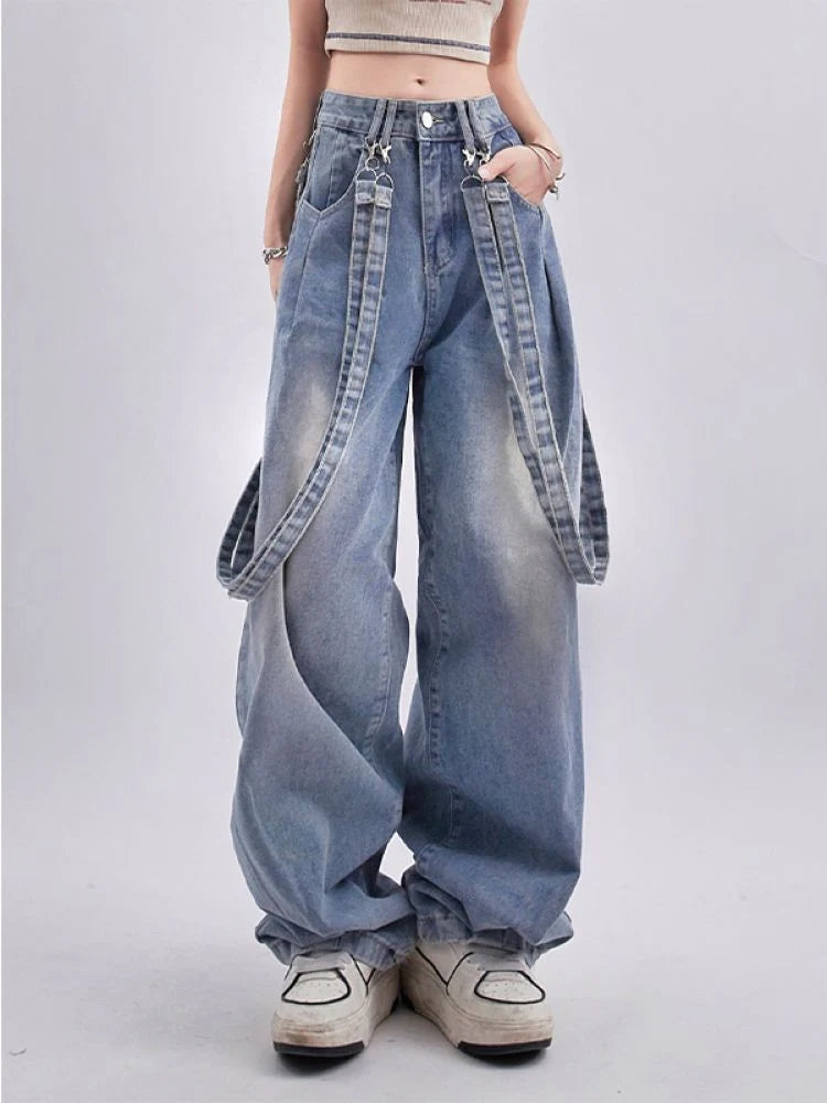 Retro suspenders casual washable jeans RH0006