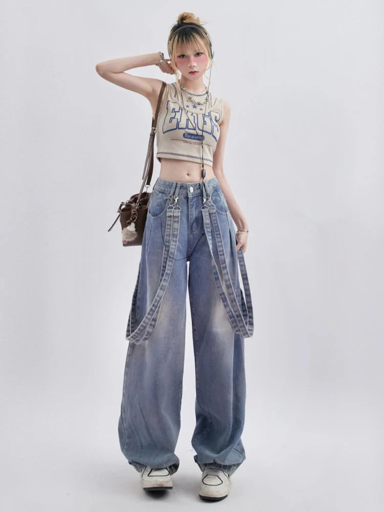 Retro suspenders casual washable jeans RH0006